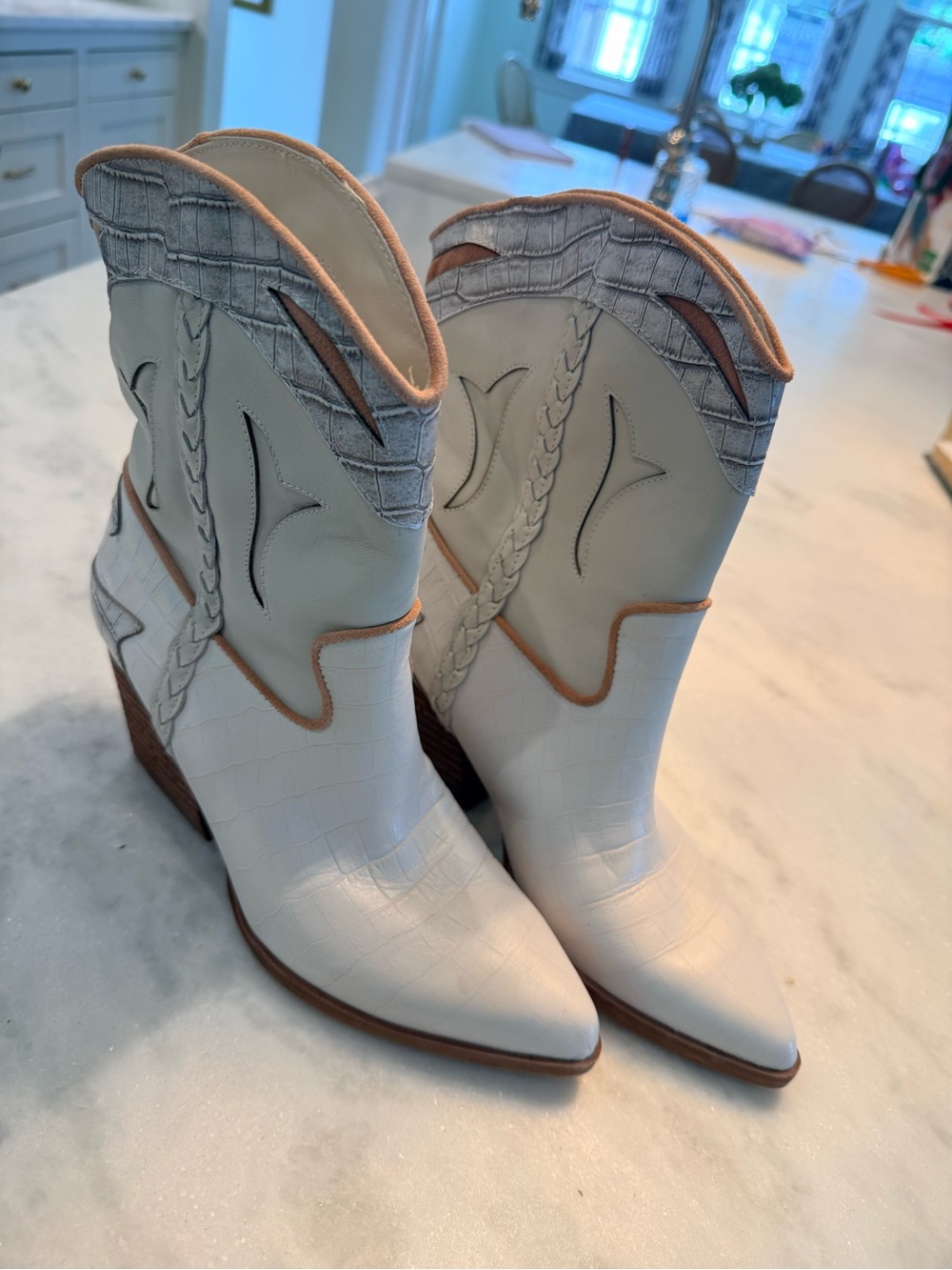 Dolce Vita  
Loral Boot in Ivory Croco White and Tan Western Ankle Boots